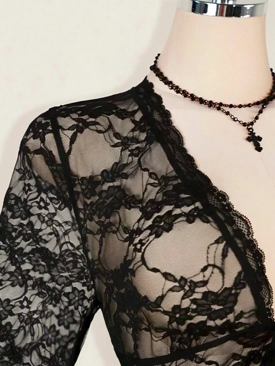 ✨🖤 Black Lace Long Bell Sleeve Tie Front Sheer Top - Picture 5 of 6